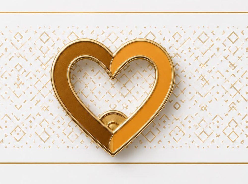 Närbild på Insamlo-pinsen i guld och amberfärgad emalj